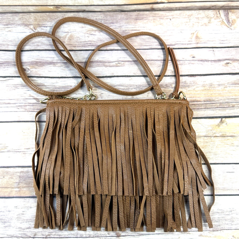 Womens Cognac Brown Faux Leather Bohemian Fringed Crossbody Purse Bag